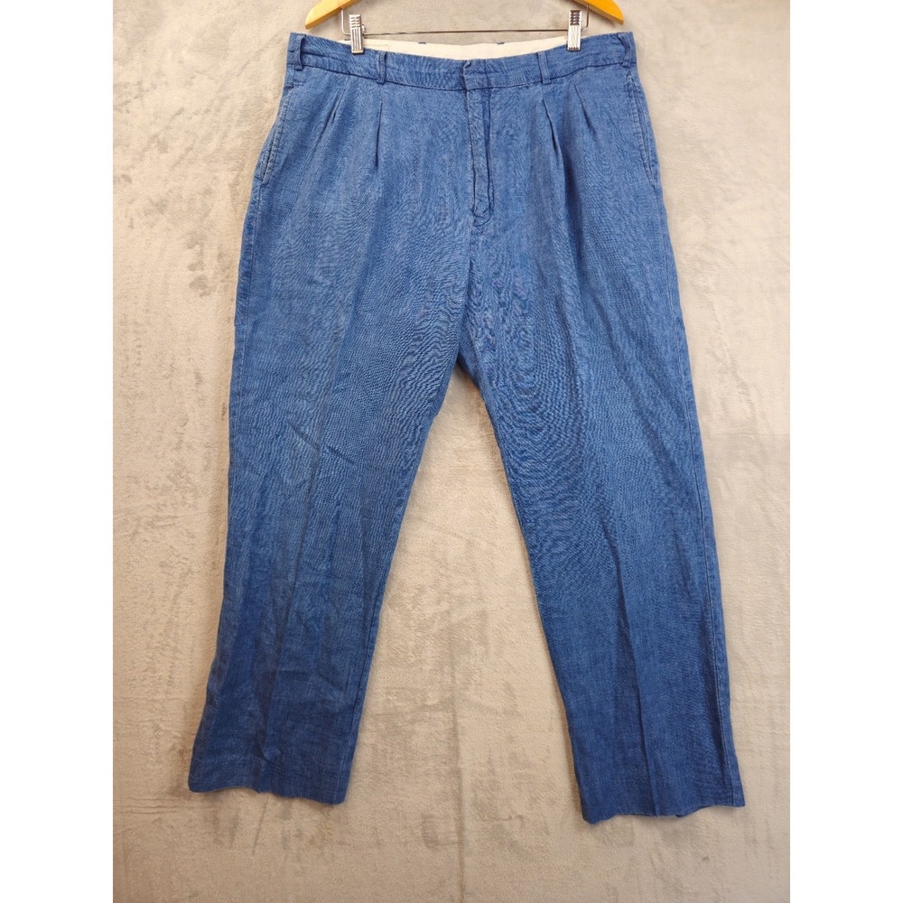 Orvis Men's Chino Linen Pleated Trousers Chambray Pants Sz 38x31 Casual Coastal